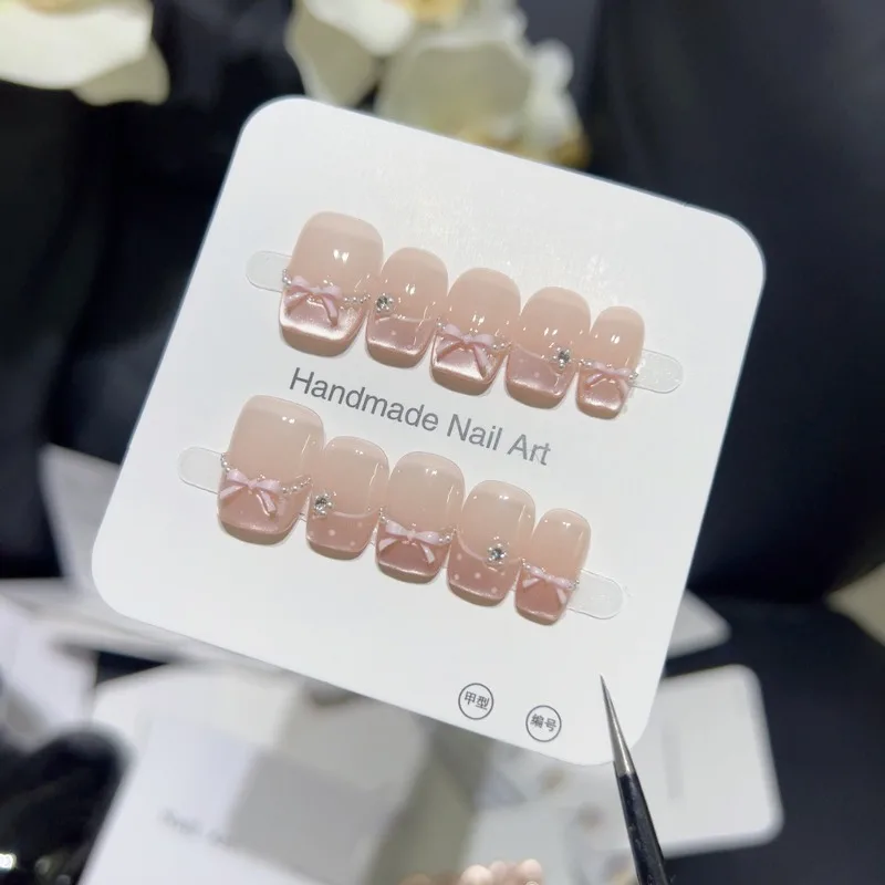 

Handmade 2025 Cat Eye French False Nails with Design 3D Bow Sweet Nail Art Square Fake Nails Press on Nails with Box and Tools