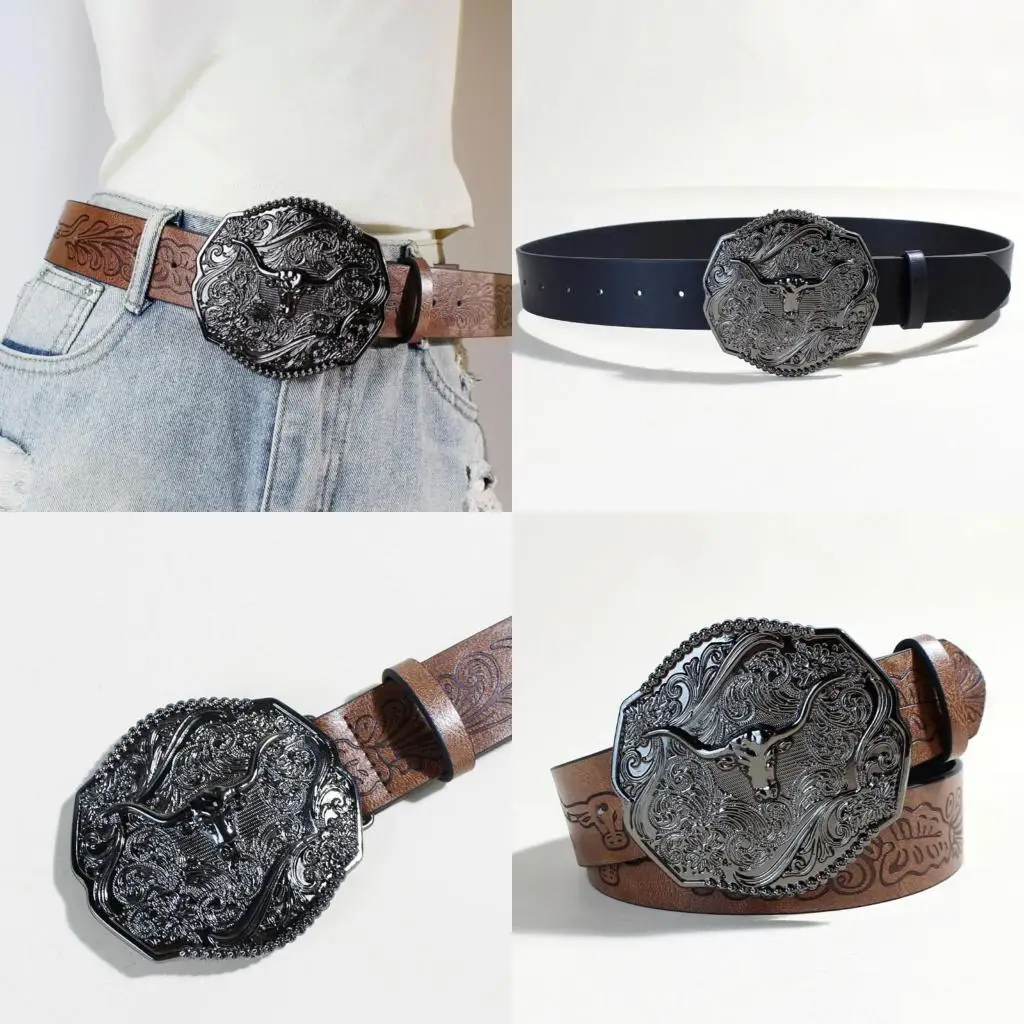 

39BD 1 Pc Embossed Belt Punk Waist Belt Floral Buckle Retro for Jeans Dress Unsiex