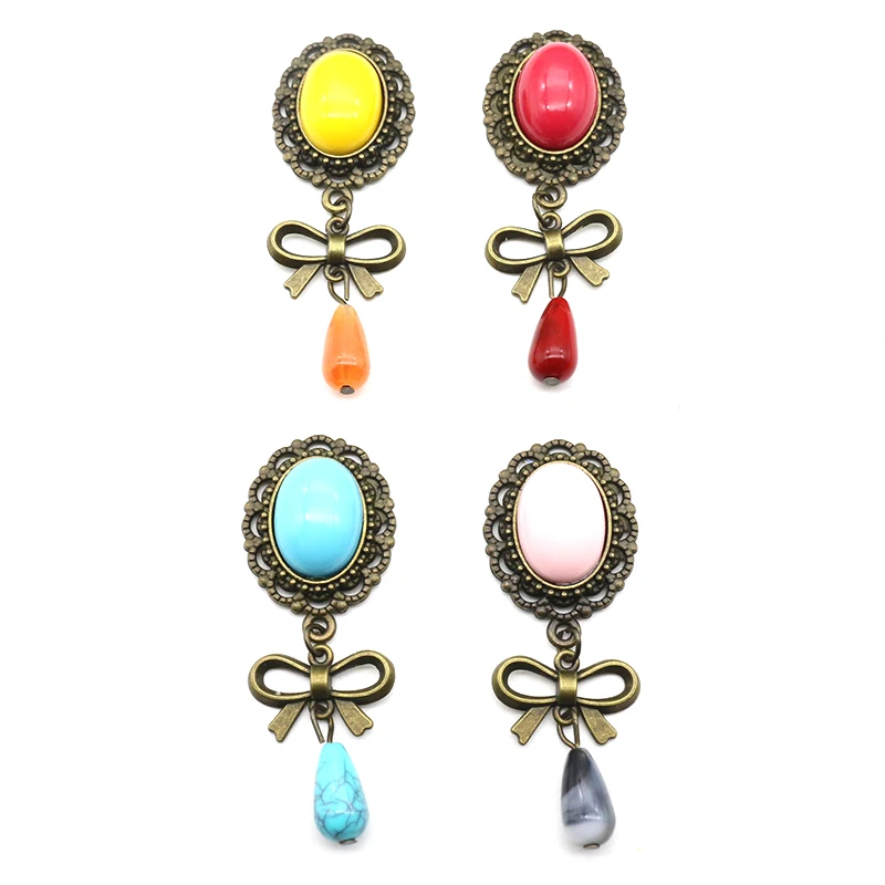 5-piece set 6 * 2.2CM vintage new solid color pearl antique copper alloy turquoise pendant oval bow hollow DIY handmade jewelry