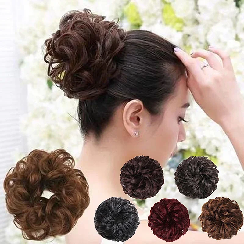 Synthetic Hair Bun Wig Ladies Ponytail Hair Extension Scrunchie Elastic Wave Curly Hairpieces Scrunchie Wrap