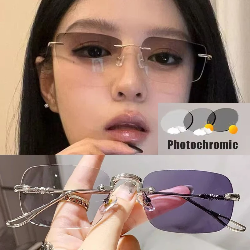 Photochromic Anti Radiation Frameless Glasses for Women Men Rimless Transition Rectangle Eyeglasses Shades No Frame Eyeglass