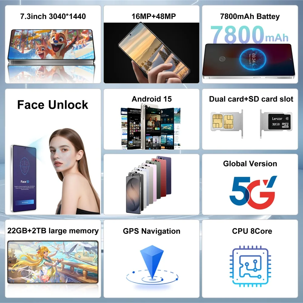 K-Touch Cell Phone For C26 Ultra Smartphone Android 5G 7.3 Inch HD Full Display Mobile Phones 22GB RAM 2TB ROM 7800mAh Battery 48MP Camera Face Recognition Dual SIM Unlocked Android 15 Smartphone 5G Cell Phone