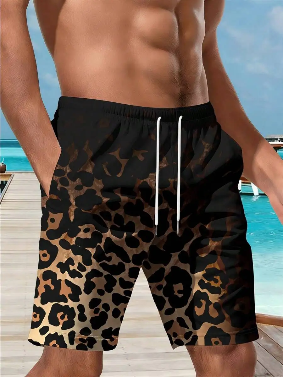 

Mens Beach Shorts With Leopard Print Pattern Casual Swim Trunks