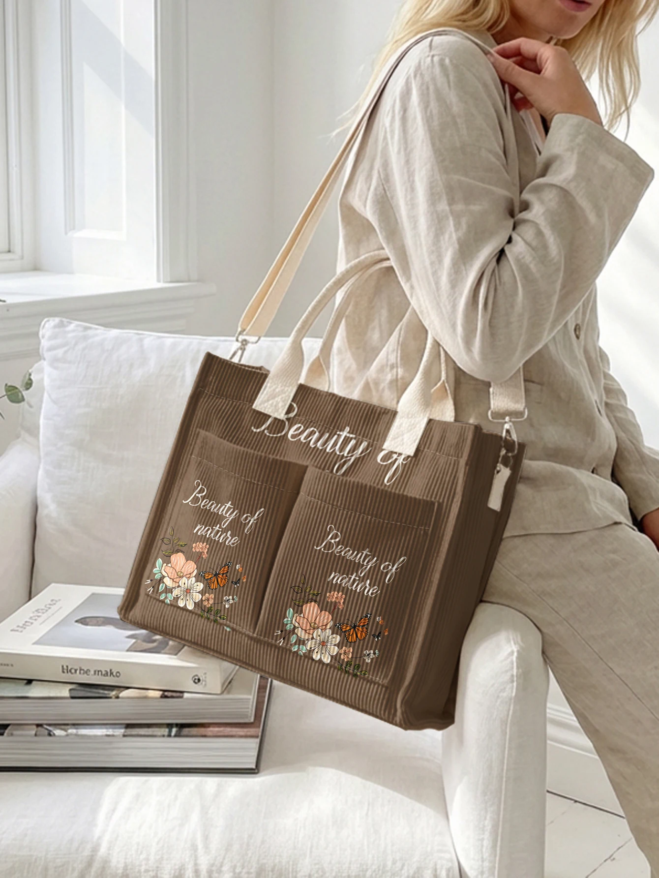 "Beauty of Nature" Floral & Butterfly Print Brown Corduroy Tote Bag Large Capacity Multi Pocket Nature Lover Commuter Shoulder B view 2