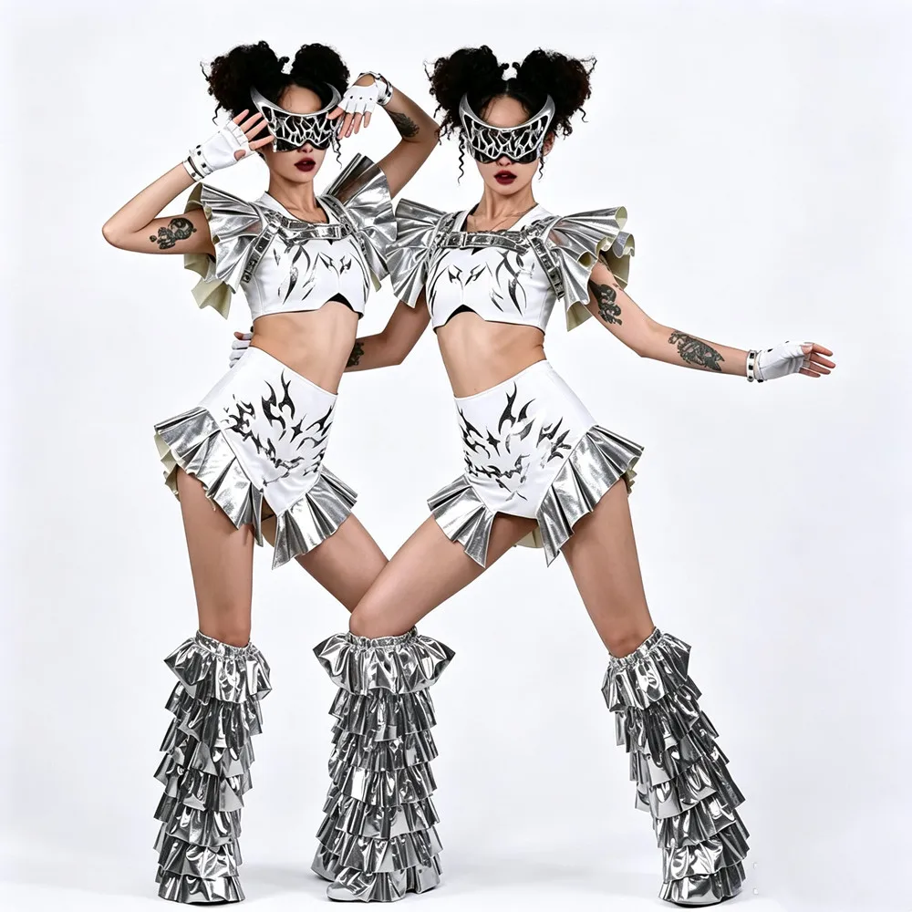 Women Masquerade Singer Drag Queen Costume Nightclub Bar Sexy Stage Performance Costume Silver White Laser Crop Top Shorts Set