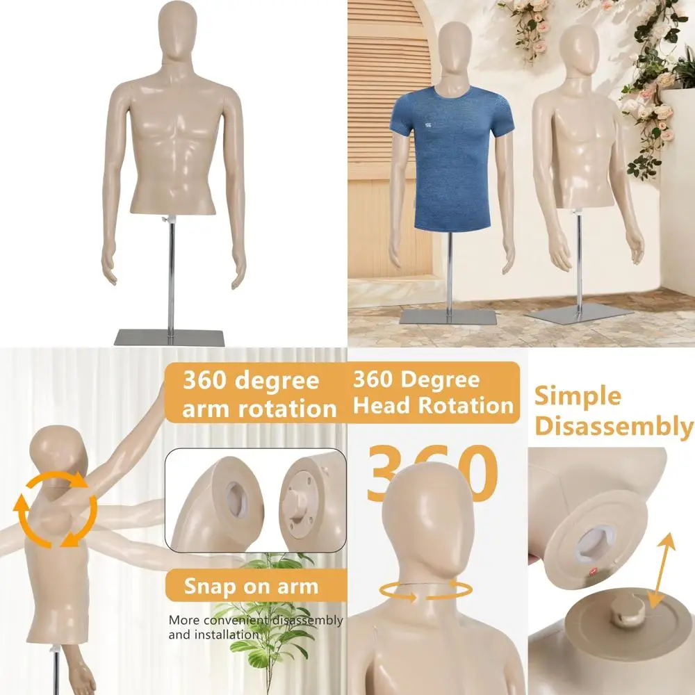 

Adjustable Height Half-Body Male Sewing Mannequin for Retail Display, 42-59 Inch, Metal Base Stand, Ideal for Clothing Presentat