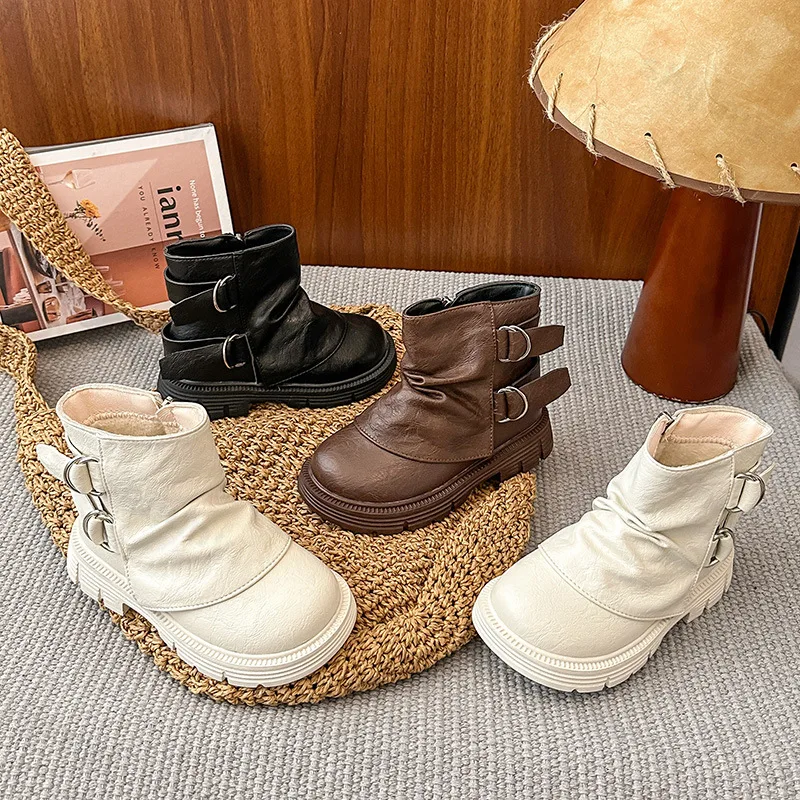 

Короткие сапоги для девочек, осенне-зимняя новая уличная нескользящая винтажная удобная повседневная обувь, модные износостойкие ботильоны на боковой молнии