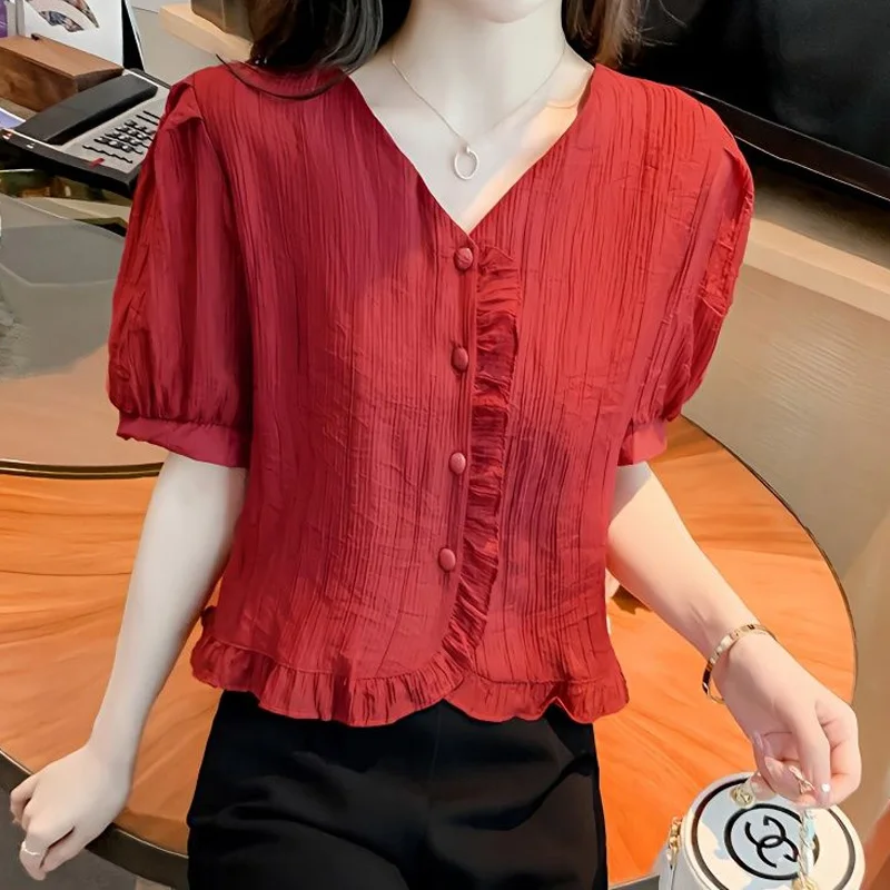 Sumemr New Korean Fashion Ruffles Blouse Short Sleeve V Neck Solid Color Pleated Short Shirt Tops Fashion Elegant Women Clothing