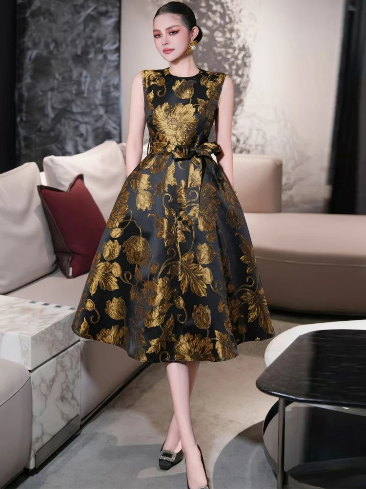 فساتين فرنسية أنيقة الراقية خمر جولة الرقبة أكمام الدانتيل متابعة القوس الذهب الجاكار عالية الخصر ضئيلة ألف خط فستان طويل النساء #2