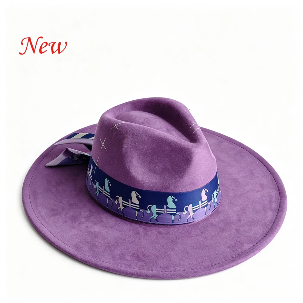 Women Purple Wide‑Brim Fedora Hat, Horse‑Print Scarf Decor, Hand‑Stitched Cross Detail, Vintage Sun Hat for Beach Vacation, Cust