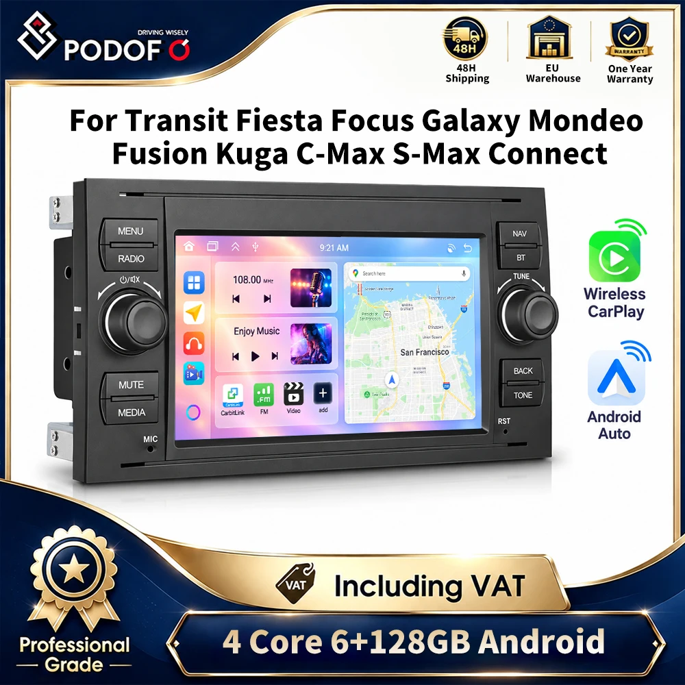Autoradio Android Podofo con schermo touchscreen da 7 pollici, 6 GB di RAM e 128 GB di memoria, navigazione GPS, WiFi, Bluetooth, FM, lettore musicale USB, CarPlay wireless e funzione Auto Mirror