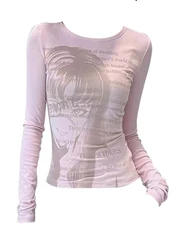 Fall Women 2000s Aesthetic Japanese Fashion Graphic Crop Tops Long Sleeve Bodycon T-Shirts Gyaru Tees Y2k Streetwear Harajuku