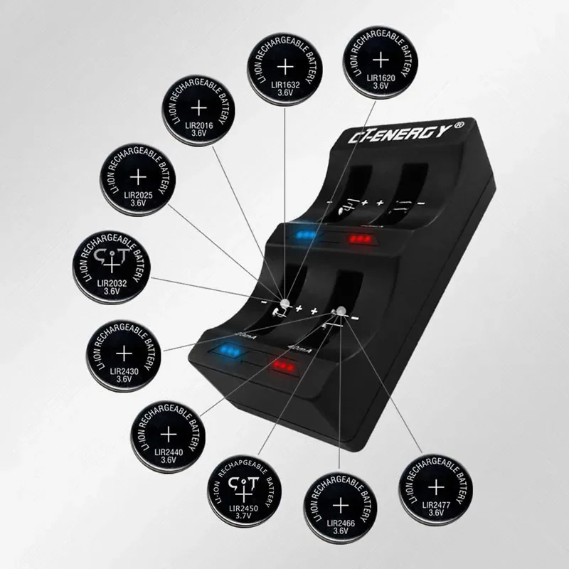 For LIR2032/2025/2016/1632/1620/2477/2430/2440/2450 4 Slot Button Battery Charger 3.6V & USB Interface