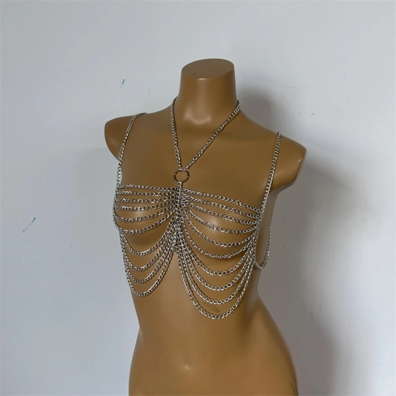 Metall-Körperketten-Crop-Tops Harness für Frauen, mehrschichtige Brust- und Taillenkette, Halskette für Nachtclub-Party, Bikini-Körperketten, verstellbare Überzüge. – Detail 3