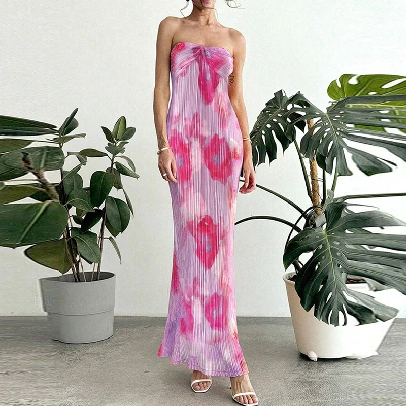 패션 꽃 프린트 Strapless 휴가 드레스 레이디 섹시한 오프 어깨 슬림 파티 드레스 우아한 높은 허리 Pleat 여름 긴 드레스