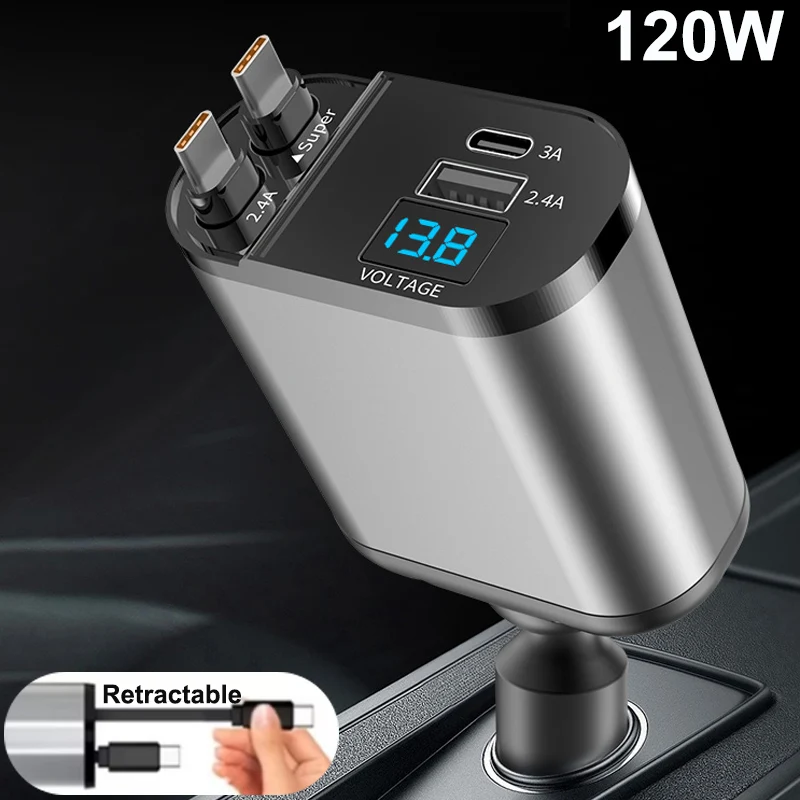 

120W 4 IN 1 Car Charger with Retractable Cable USB Type C Cable For IPhone Samsung Fast Charge Cord Cigarette Lighter Adapter