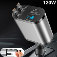 120W 4 IN 1 Car Charger with Retractable Cable USB Type C Cable For IPhone Samsung Fast Charge Cord Cigarette Lighter Adapter