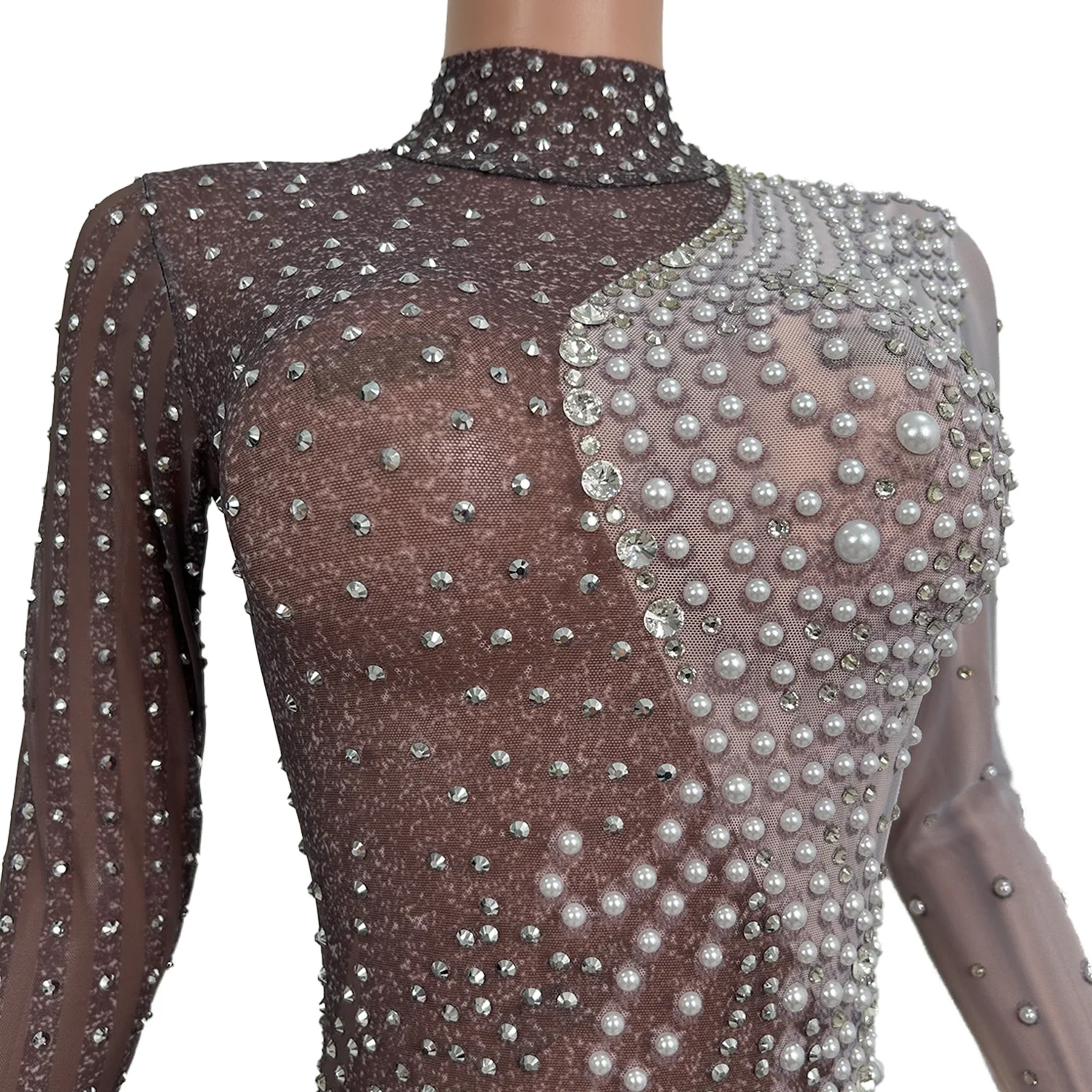 High-End White Pearl Design One-Piece Suit Sexy Girl Club Bar Dance Performance Costume Sensual Fashionable Ensemble Yinyangku