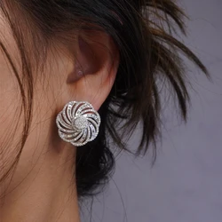 Huitan Exquisite Flower Pierced Earrings for Women Silver Color Brilliant Zirconia Accessories Whirlpool Shape Ear Studs Jewelry