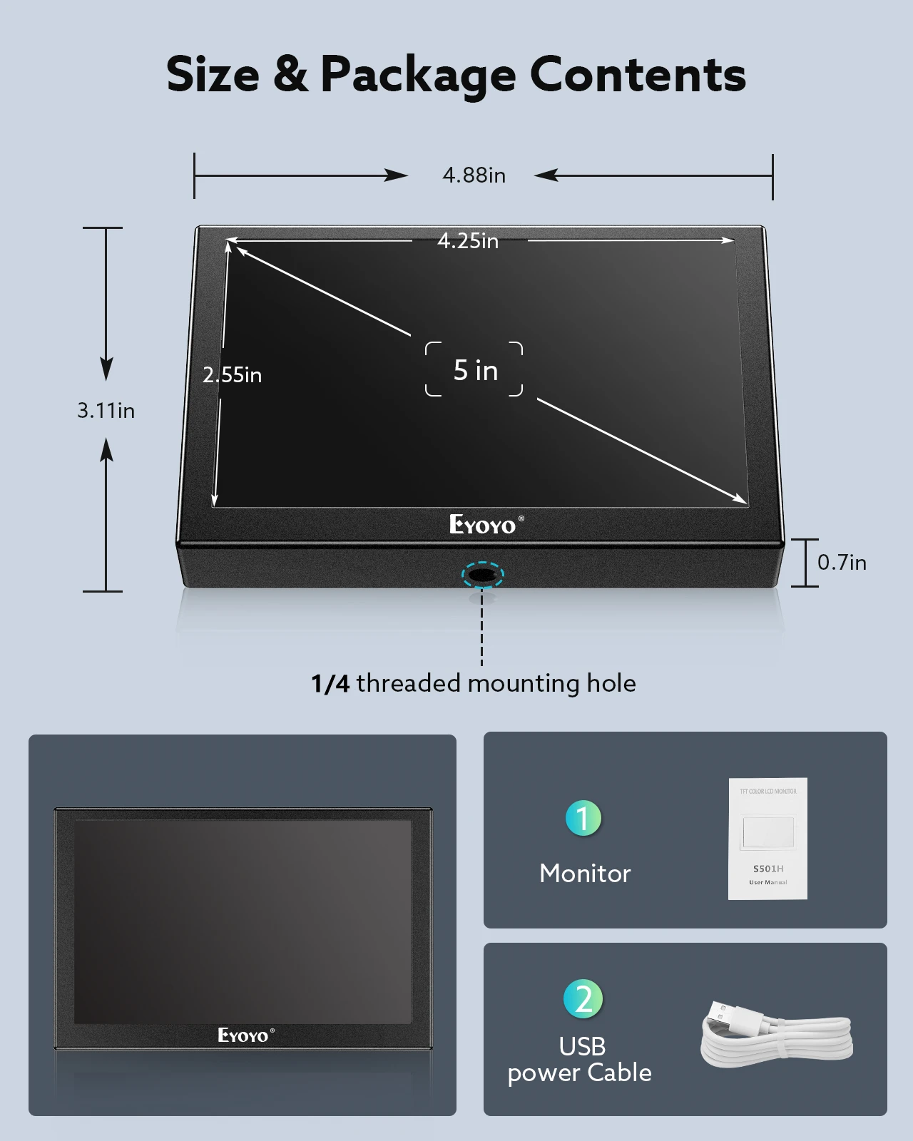 Eyoyo S501H Home Security Metal TN Industrial Screen HD 800*480 5 Inch Car Rear View Monitor with HDMI VGA AV Port Fast Response