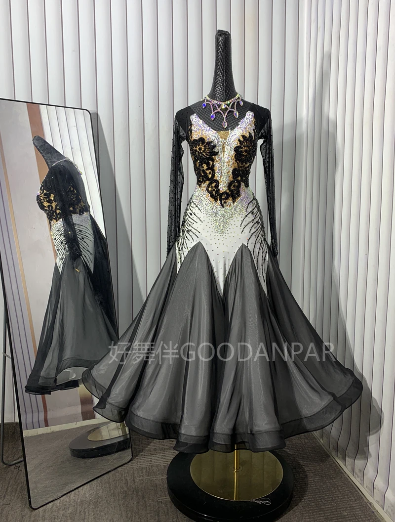 GOODANPAR Nieuwe Standaard Ballroom Dans Jurk Vrouwen Meisjes Competitie Kostuum Lycra Wals Podium lange mouw
