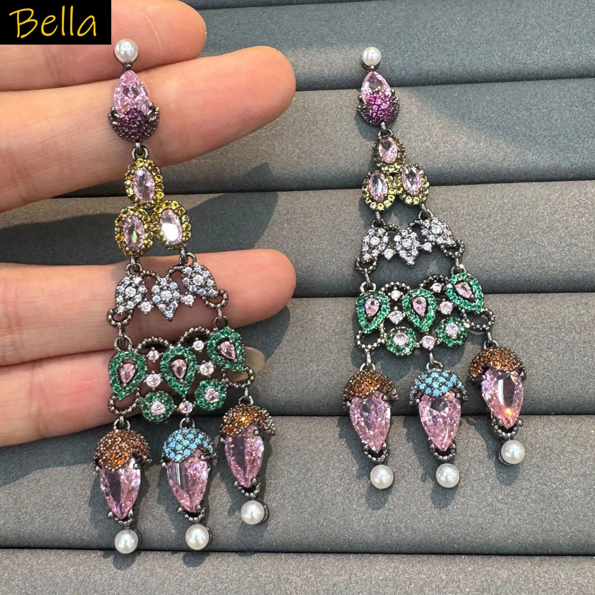 

classy long earrings for women dinner party wedding earrings shiny zirconia pink fushia multicolor pendant anniversary gift