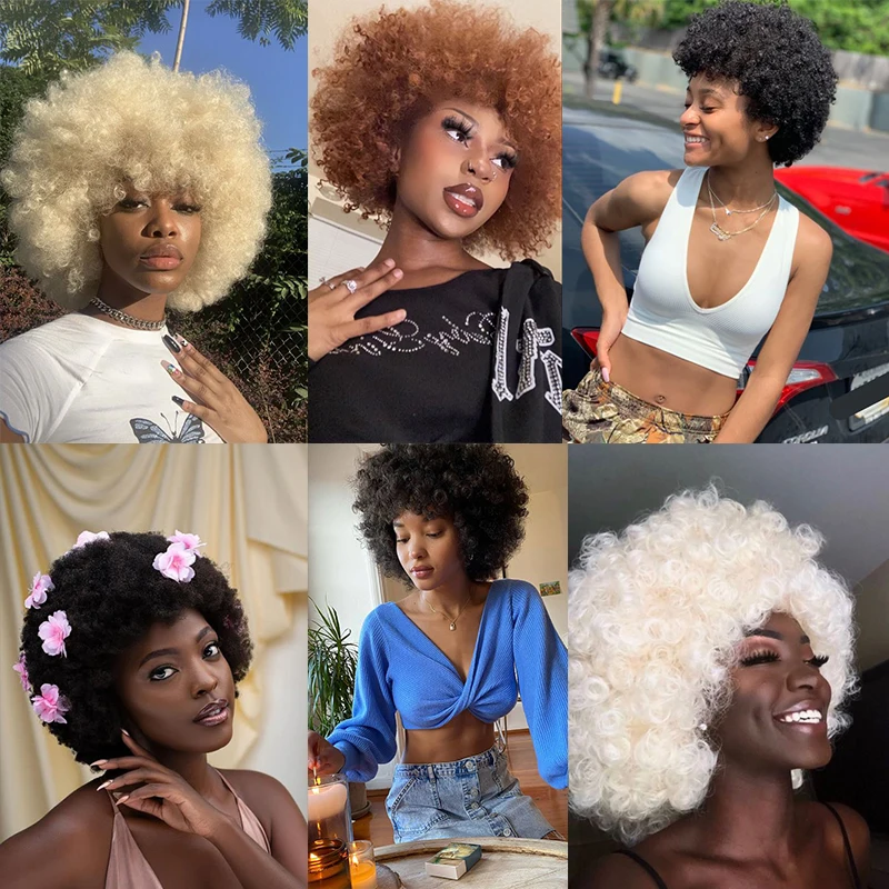 Short Afro Kinky Curly Wig With Bangs Synthetic Fluffy Hair Ombre Glueless Afro Wigs Natural Hair For Black Women Brown Grey