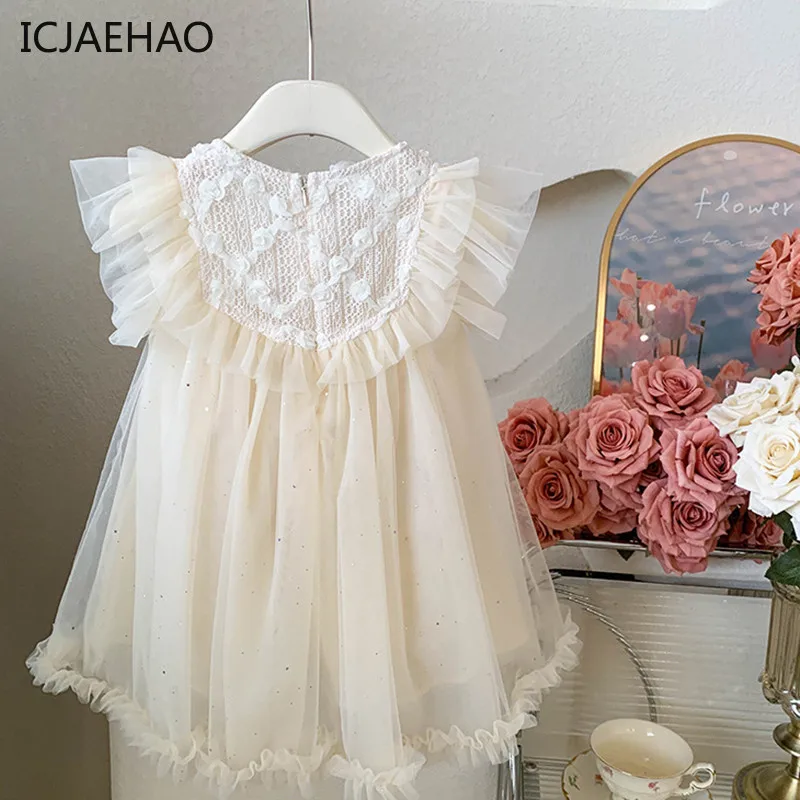 

ICJAEHAO 2024 Holiday Party Dresses Girls Kids Sleeveless Summer Baby Clothes Solid Color Ruched Tulle Elegant Children Outfit