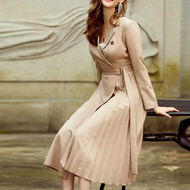 New Simplicity Casual Suit Women Dress V-neck Long Sleeve Office Lady Asymmetrical Long Dress Slim With Belt A-line Female Dress