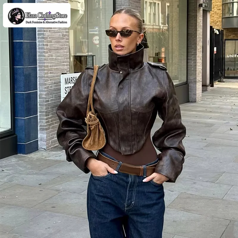 Veste courte rétro de style Y2K européen et américain Elara, avec ceinture apparente, col à revers, en similicuir
