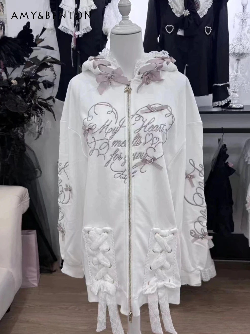 

Autumn Winter Versatile Japanese Sweet Heavy-duty Sweatshirt Hooded Zipper Lace Patchwork Tie Long Sleeve Loose Coat Hoodies