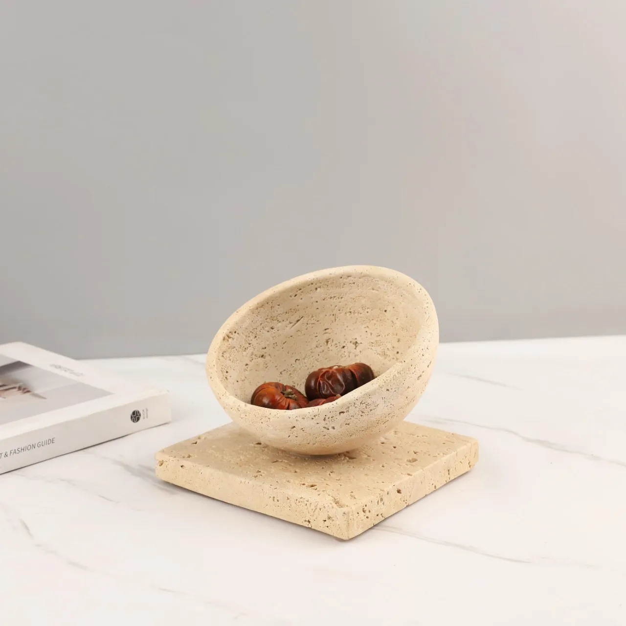 Wabi Sabi NaturalYellow CaveStone Half Round Bowl, Minimalist Stone ServingTray for  LivingRoom Table Home Tabletop Decor Storag