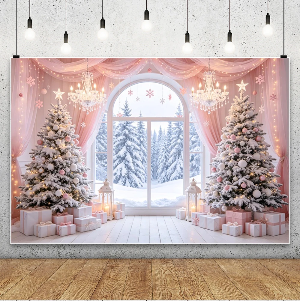 Yeele Pink Christmas Window Photography Backdrop Xmas Tree Crystal Chandelier Decor Kids Family Portrait Background Photo Studio