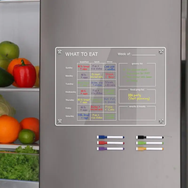 냉장고용 마그네틱 식사 플래너, 주간 식사 준비 플래너, 클리어 아크릴 6 다채로운 펜, 지울 수 있는 식사 플래너 및 식료품