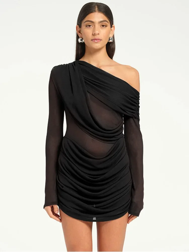 

Mesh One-shoulder Long Sleeve Sexy Mini Dress Women Fashion Elegant Skew Collar Backless Ruched Club Party Dress Female