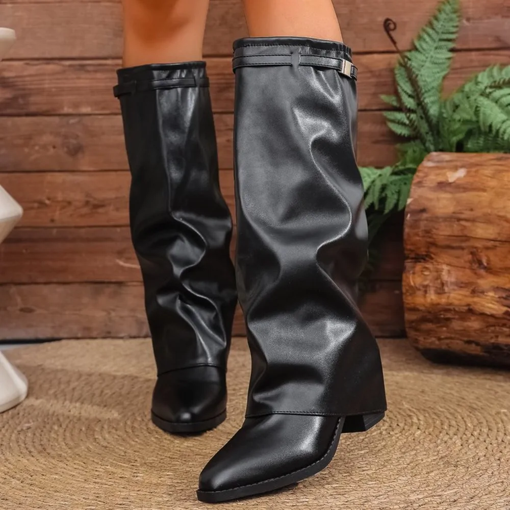 Modische High-Heel-Stiefeletten mit Metalldetails Damen Herbst-Winter Kniehohe Stiefel Britischer Stil Spitze Zehenpartie Gummisohle – Detail 6