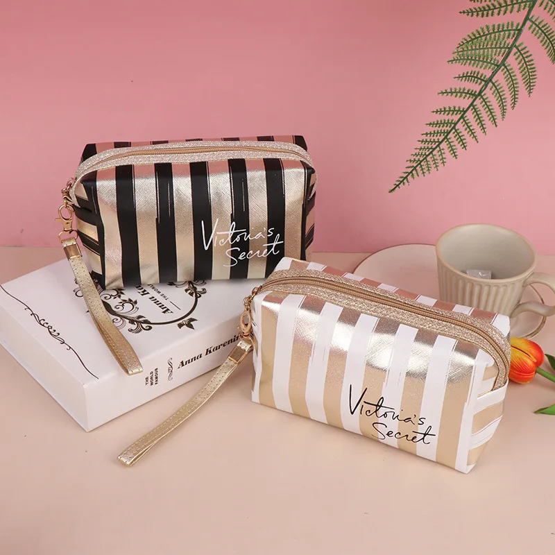 Stripe Makeup Comestic Case Clutch Pouch PU Laser Octagonal Storage Bag Women Handbag Portable Toiletry Travel Organizer