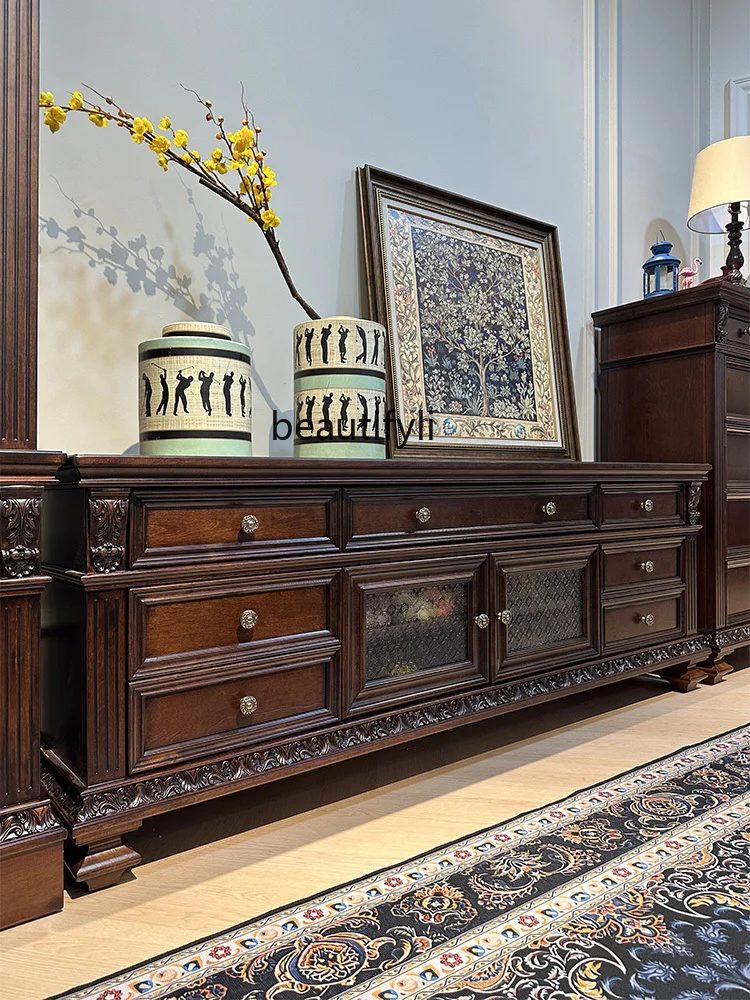 

Pure solid wood large American TV cabinet combination villa living room French retro classical European engraved video cabinet