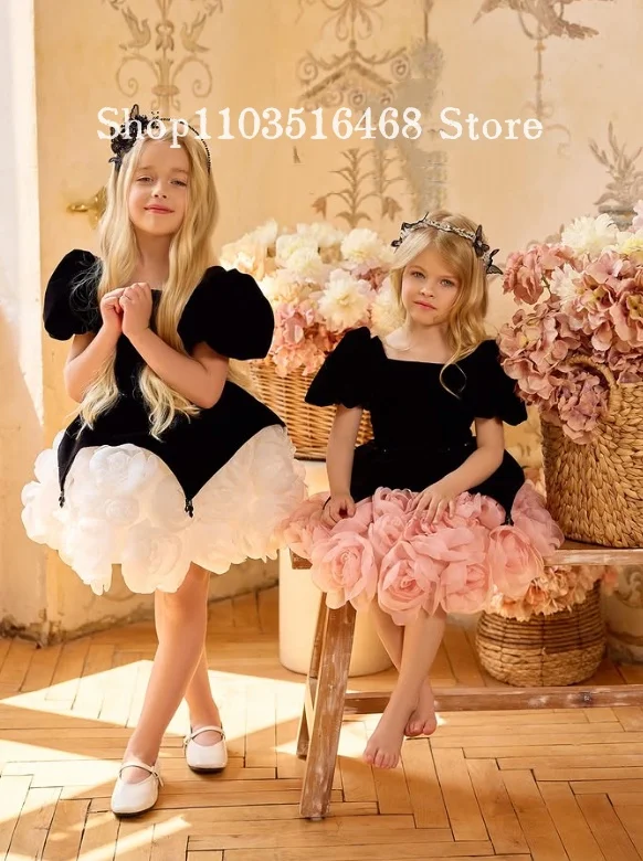Robes florales personnalisées pour filles, pour enfants, fête d'anniversaire, bal de promo, jupe bouffante en tissu velours, ourlet Floral 3D, anniversaire