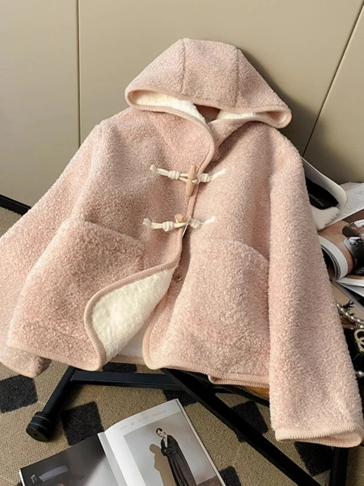 Autunno Inverno Cappotto di agnello Cappotto caldo in pile Monopetto Rosa Manica lunga Tasche dolci Top Abbigliamento donna Tendenza Nuovo