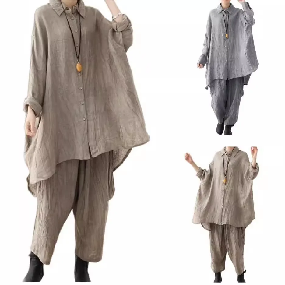 

New Women's Shirt Casual Solid Color Autumn Cotton and Linen Cardigan Long Sleeve Pants Sets for Women