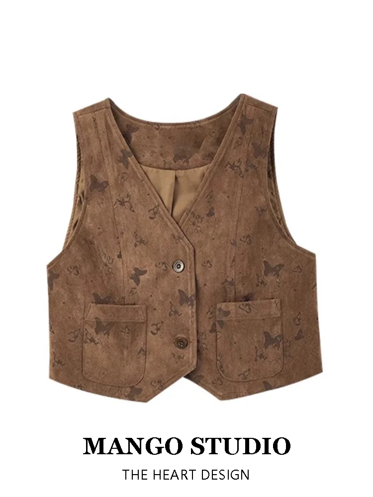 

Коричневый замшевый жилет, женский осенне-зимний винтажный жилет с v-образным вырезом и многослойным принтом, подушечка или длина, ягодицы...