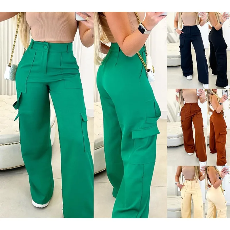 

2023 New Wide Leg Trousers Solid Color Streetwear Fashion Cargo Pants Women Green Casual Patch Pocket High Waist Straight Pants