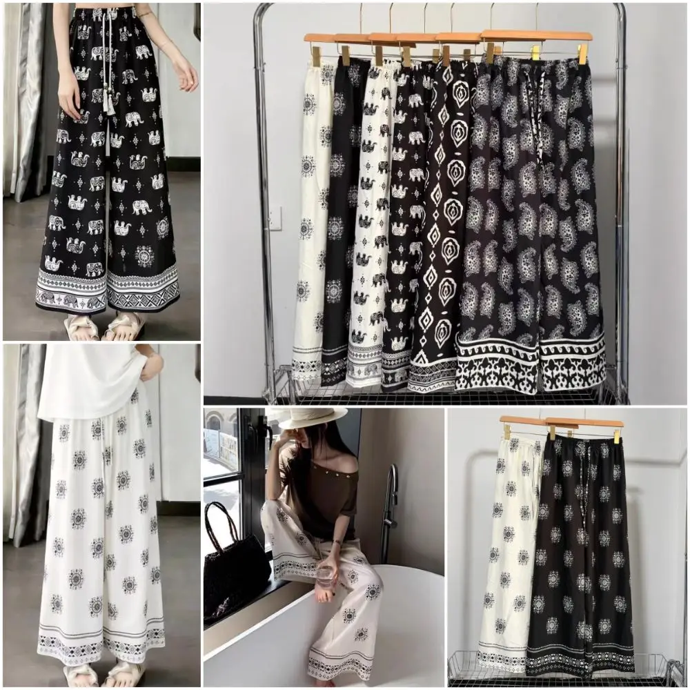 Versatile Boho Printed Long Pants Thin Bkack White Baggy Pants Drooping Sensation Loose Women's Wide Leg Trousers For Women