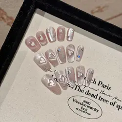 Handmade Press on Nails Sweet Pink Cat Eye Fake Nails Wearable Full Cover Shiny Love Korean Oval Head Fake Nails Manicure Set