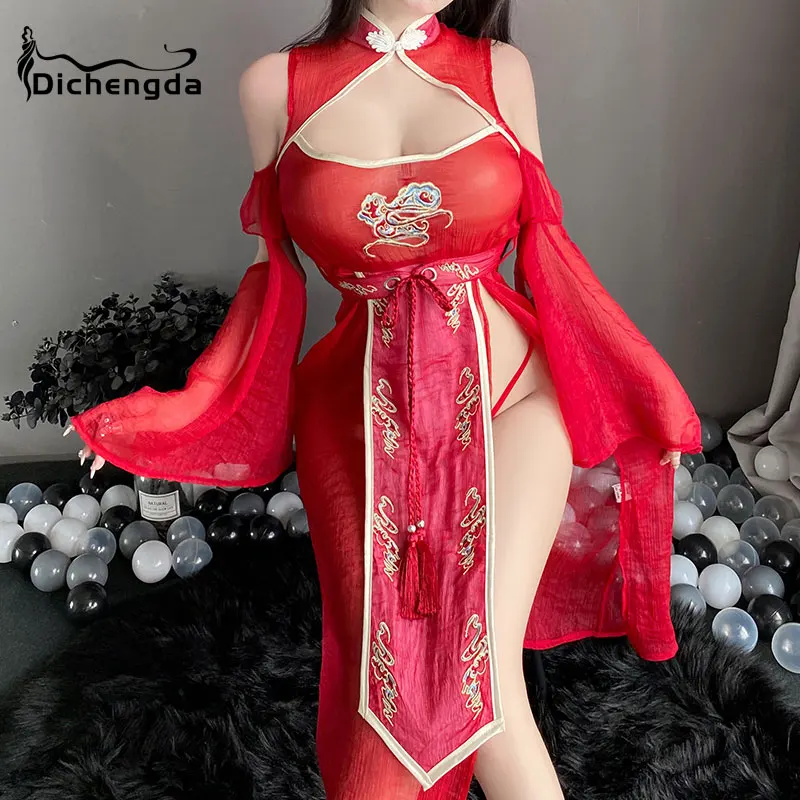 

Dichengda Sexy Lingerie Chinese Traditional Costumes See Through Exotic Nightwear Bride Cosplay Outfit Classical Hanfu Uniform