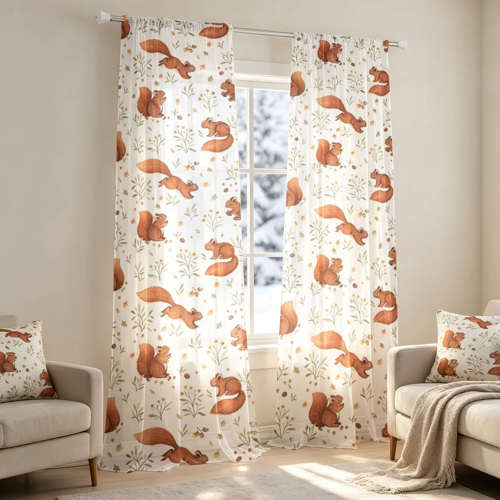 2PCS Fall Curtains, Brown Squirrels Flowers Print, Bedroom Living Room Window Drapes, Rod Pocket Polyester, Home Decor