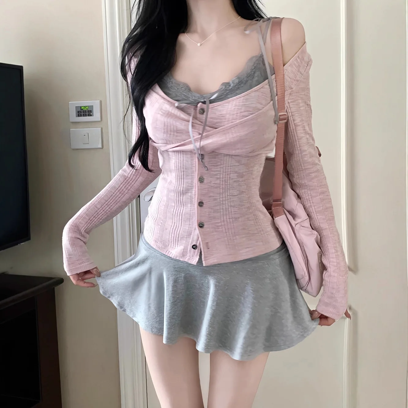 

Lace suspenders knitted cardigan set women's new two-piece set