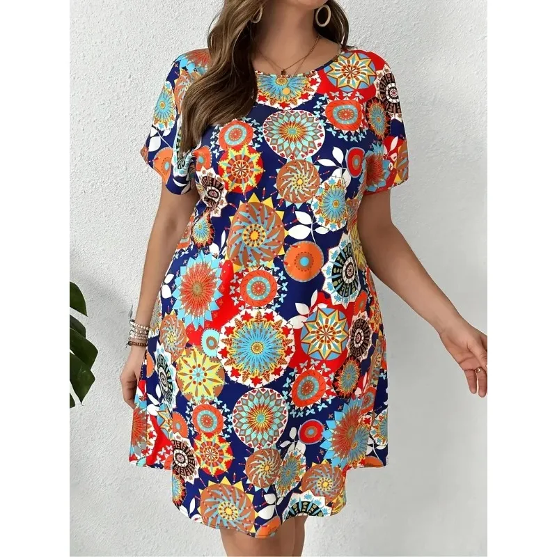 

Plus Size 1XL-5XL New Women's Fashion Floral Print Short Sleeve Round Neck Dress Comfortable Elegant Casual Spring Summer Dress