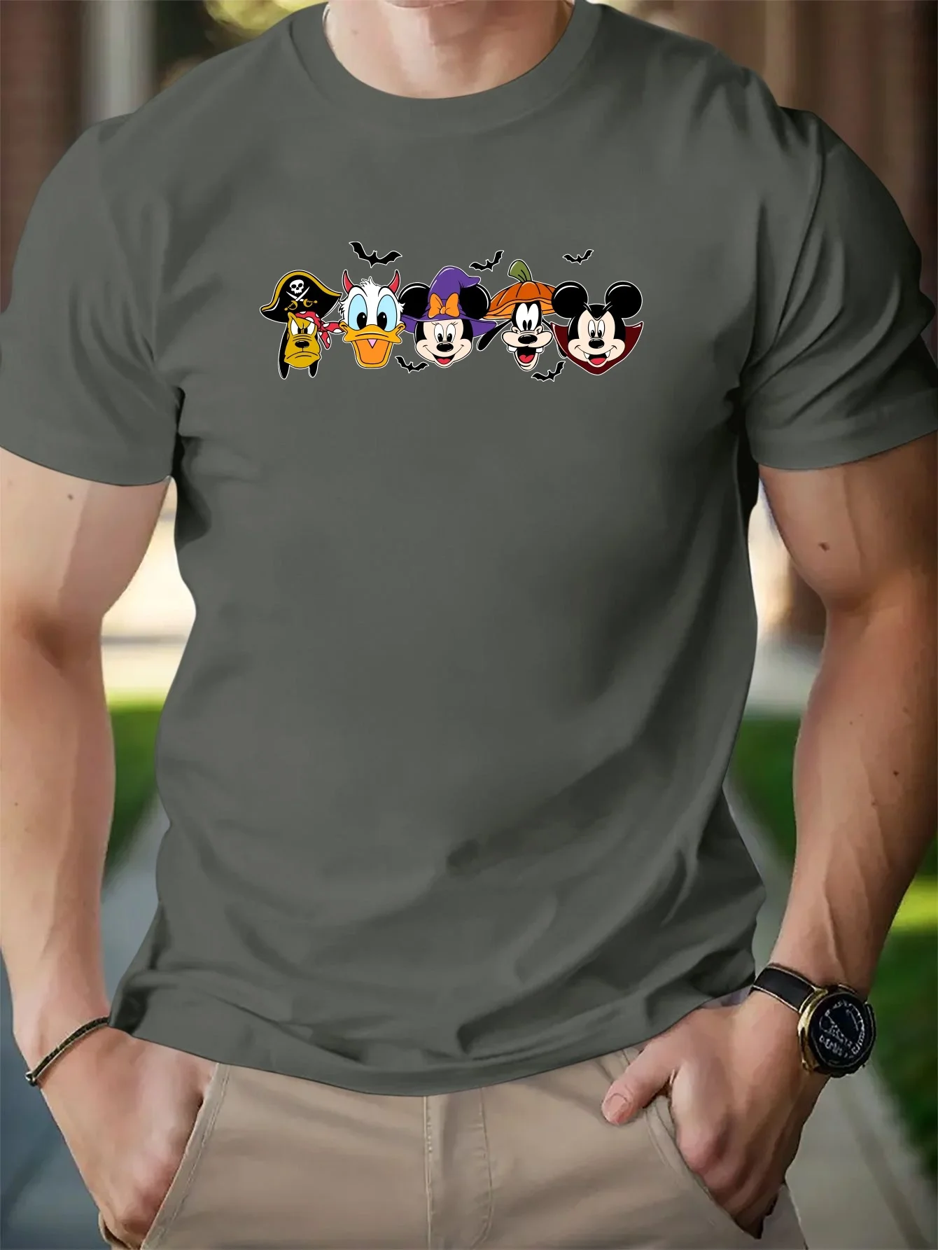 Disney T-Shirts Men\'s Casual Cartoon Halloween Mickey And His Friends Print Short Sleeve Slight Stretch Casual Comfortable